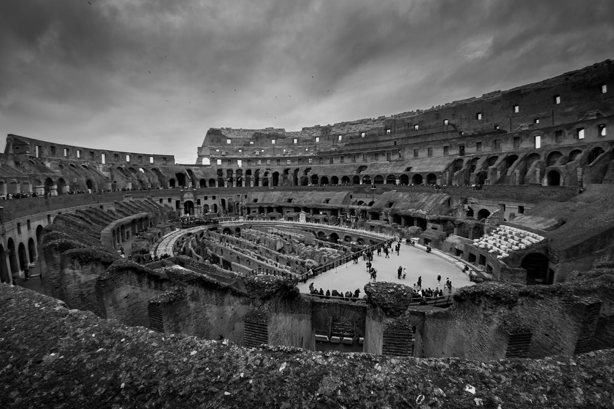 Inside the Colosseum arena looking up at the stands